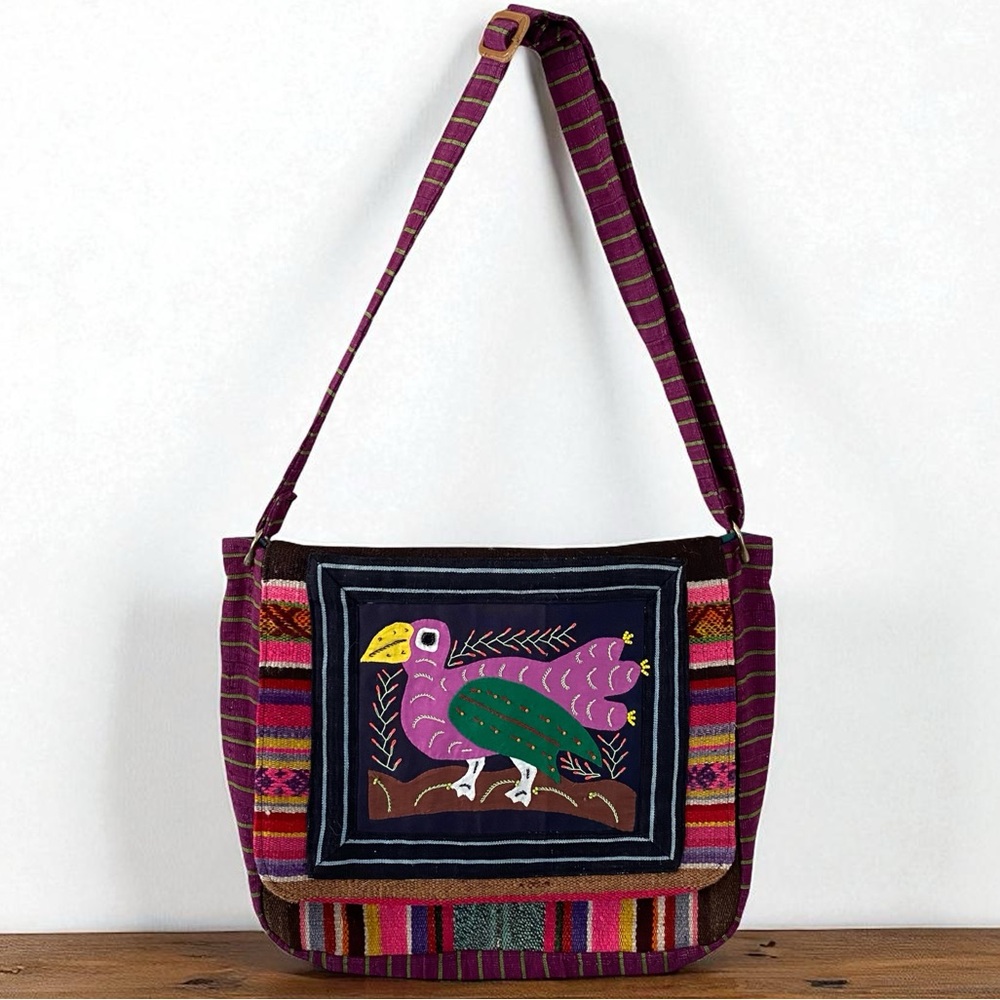 Ginya Boho Artistic Beaded‎ Colorful Jacquard Bird Flap Over Large Handbag